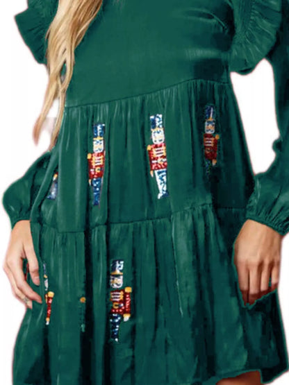 Christmas Ruffled Nutcracker Long Sleeve Dress