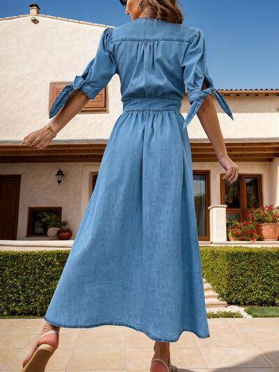 Plunge Button Up Half Sleeve Denim Dress for Women