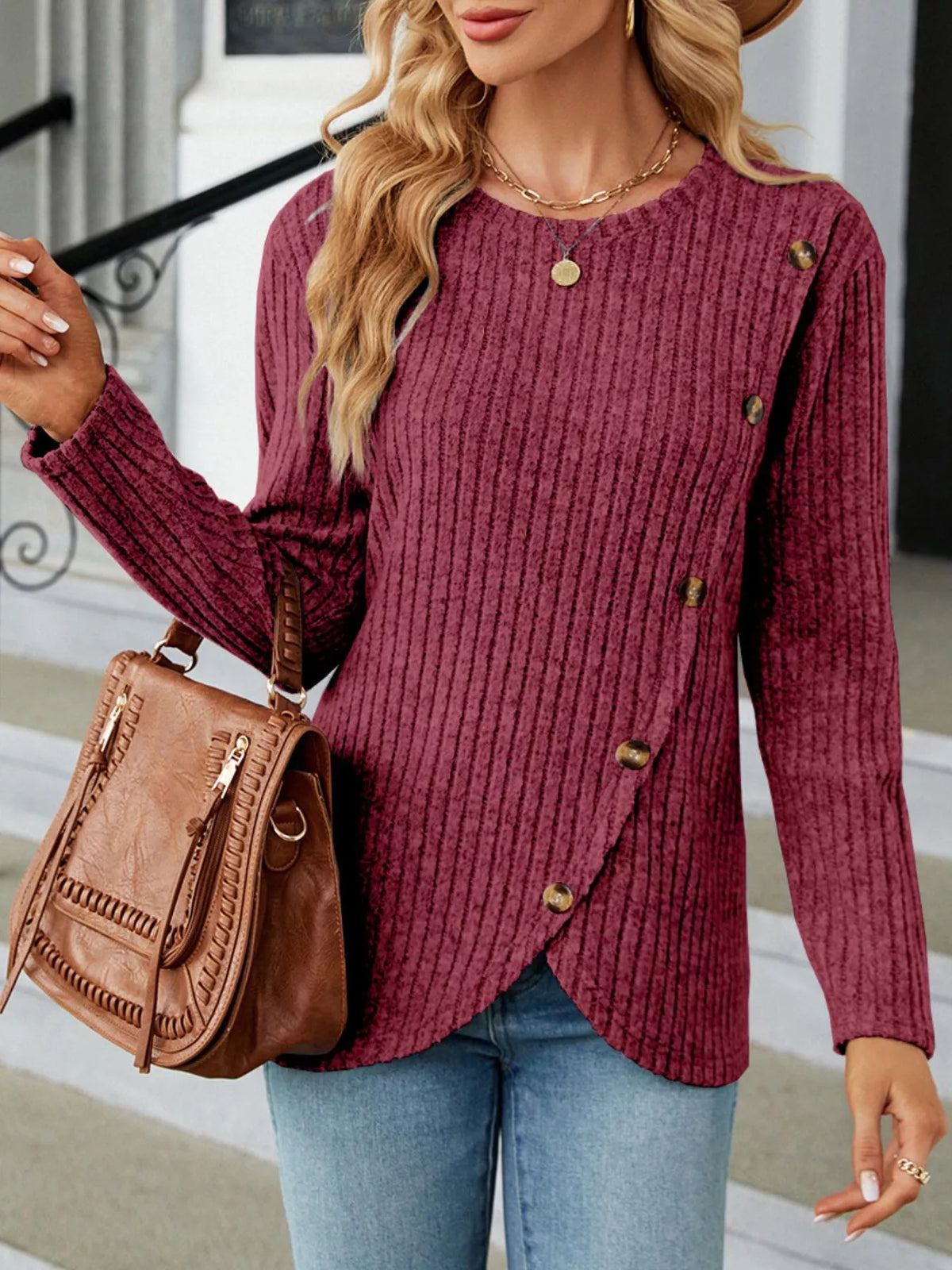 Ribbed Knit Decor Button T-Shirt