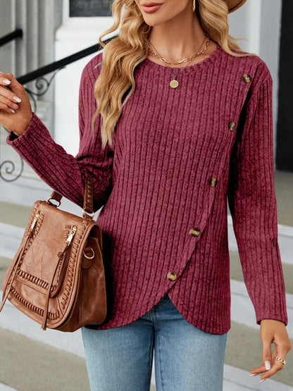 Ribbed Knit Decor Button T-Shirt