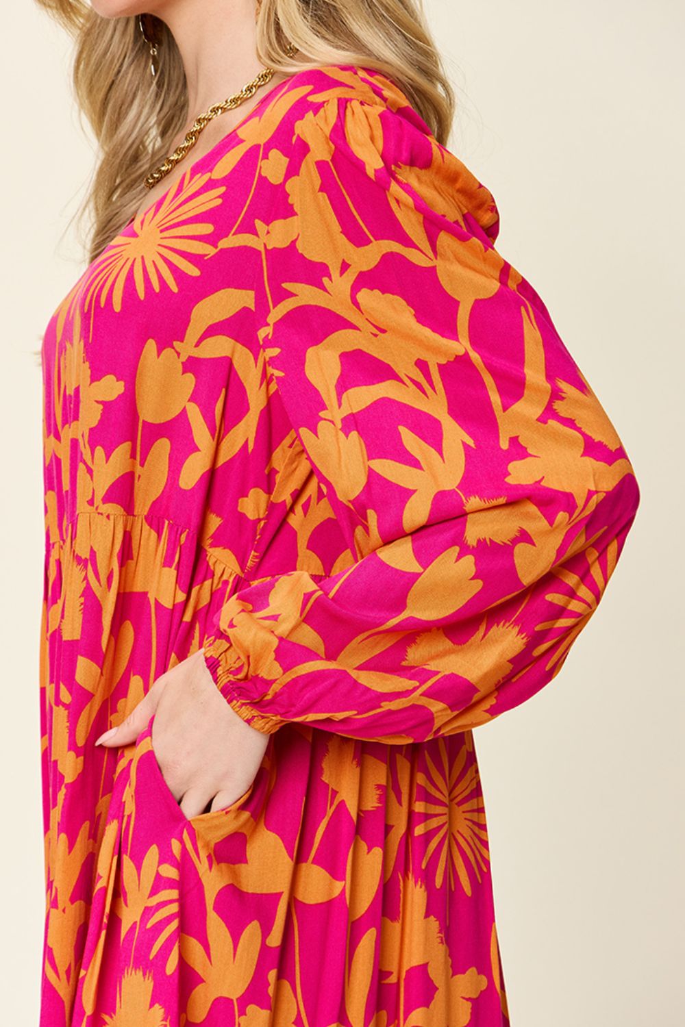 Double Take Full Size Printed Ruffle Hem Dress with Pocket Stylish &amp; Functional Women Dress