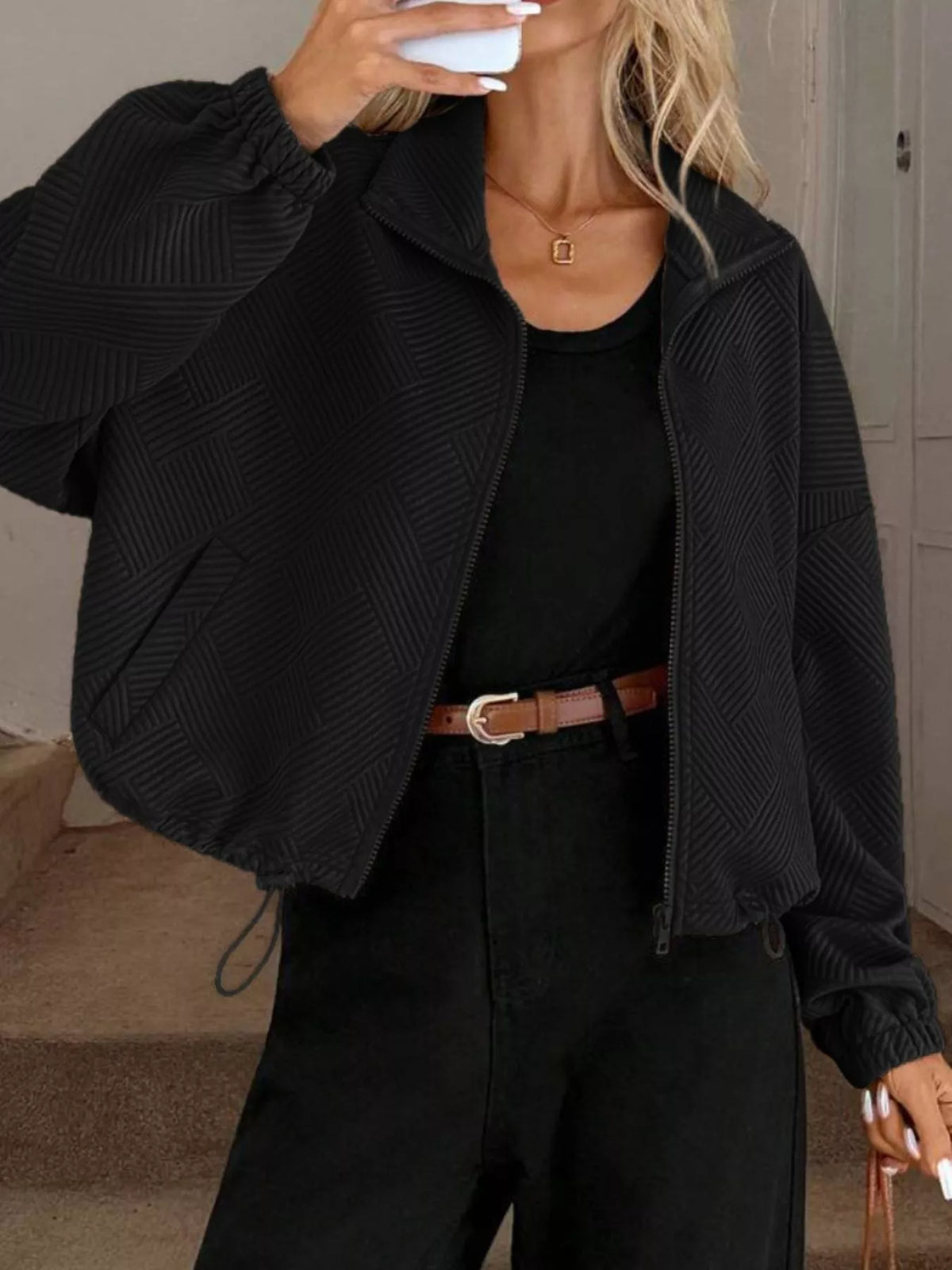 Textured Zip-Up Drawstring Hem Jacket