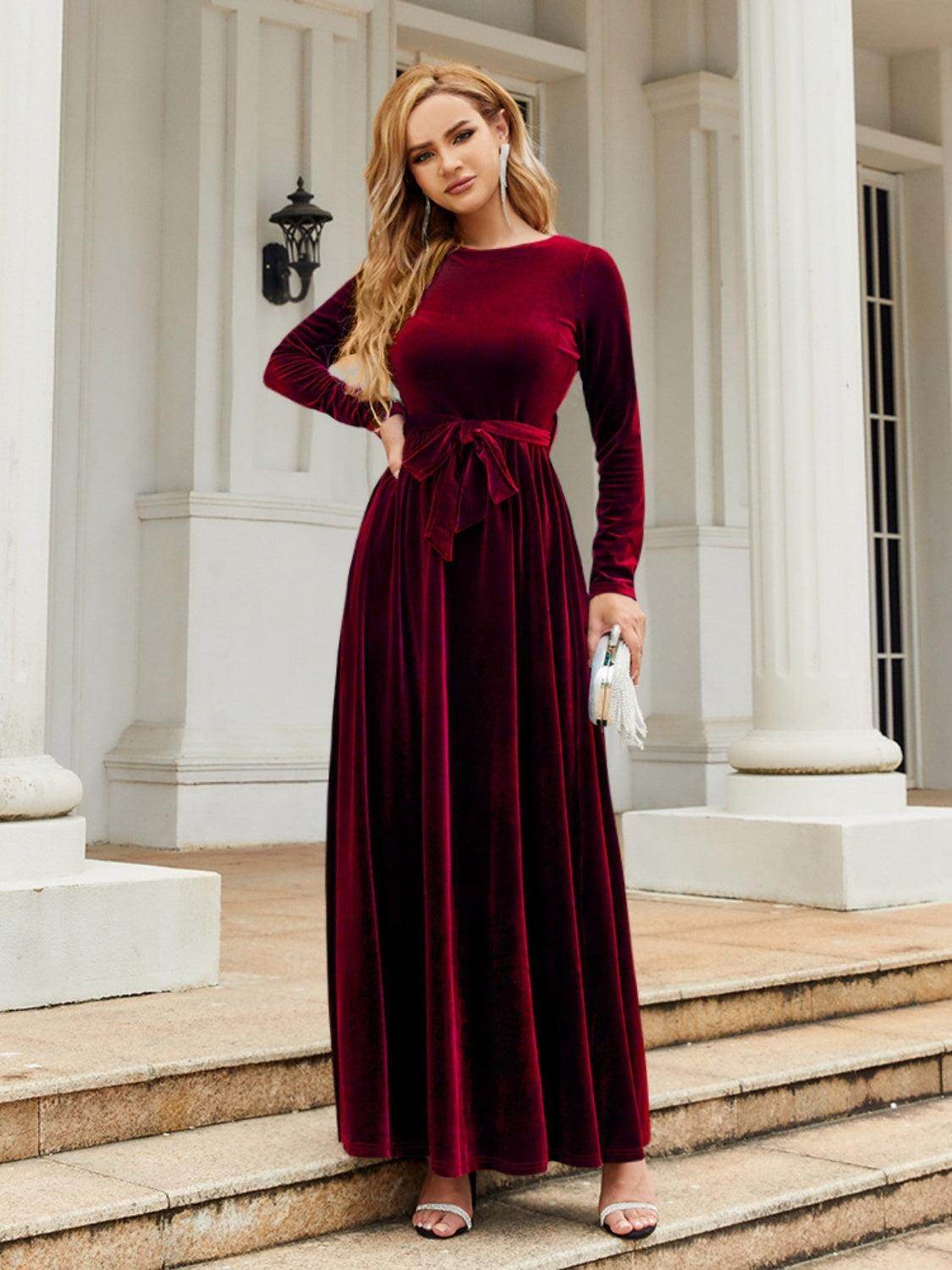 Tie Front Round Neck Long Sleeve Maxi Dress for Women