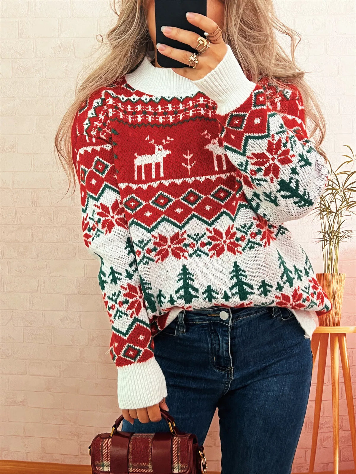 Christmas Reindeer Pattern Round Neck Sweater
