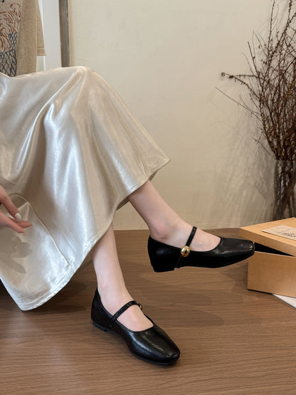 Women Black Flat Low Heel Leather Mary Janes, New Summer Versatile French Style Daily Shoes Matching Skirts