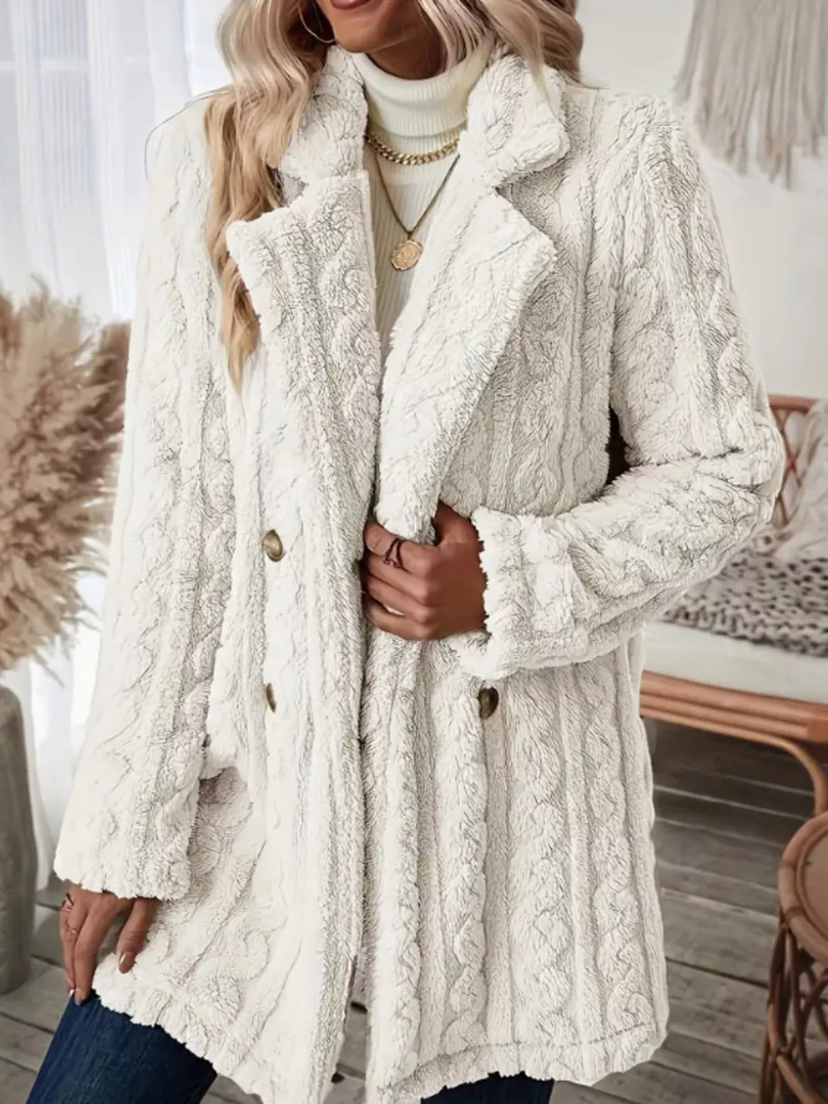 Cozy Faux Shearling Double-Breasted Outerwear