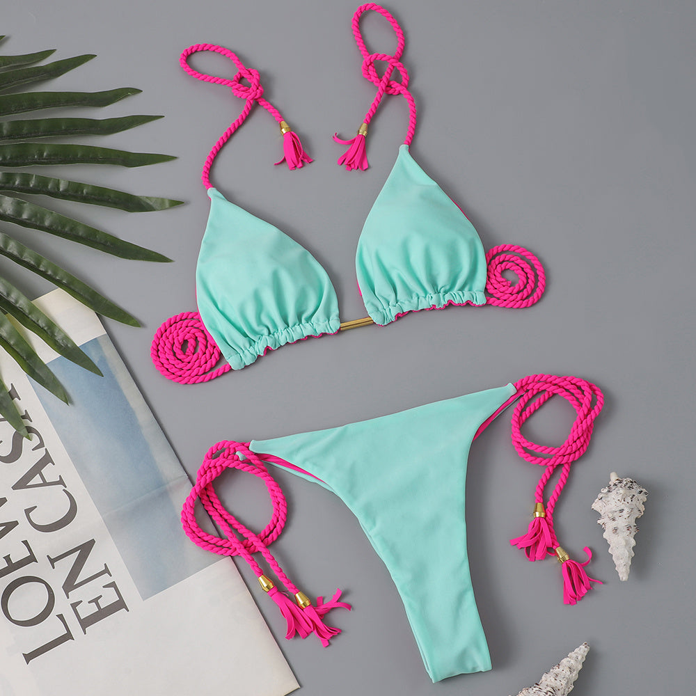 New Festival Flame Halter Bikini Set for Women – Triangle V-Neck Backless Two-Piece Swimsuit with Tie Side Bottoms &amp; Adjustable Lace-Up Fit – Sleek Polyamide Swimwear for Koningsdag/King’s Day &amp; Summer Beach Celebrations