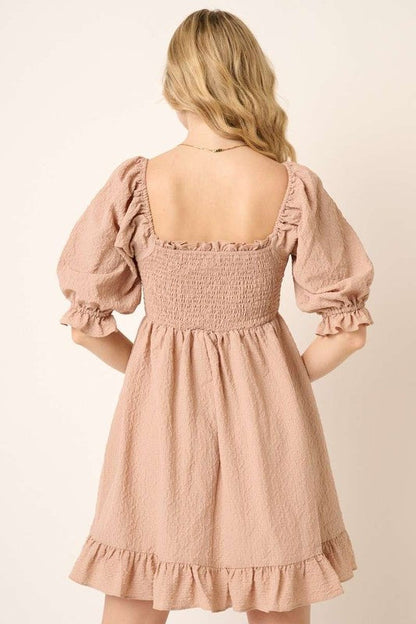 Smocked Ruffled Hem Half Sleeve Mini Dress, Cute, Elegant, Charming and Comfortable Mini Dress with Smocked Bodice and Whimsical Ruffled Hem