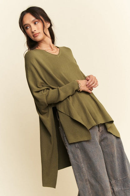 Back To School Sweater - Davi &amp; Dani High-Low Side Slit Batwing Sleeve Top