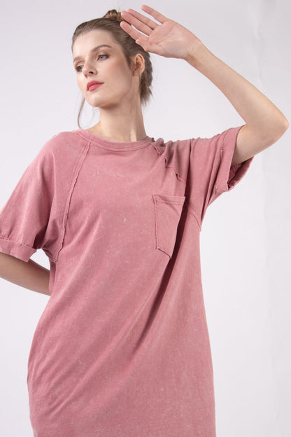 Woman Dress Casually Washed Round Neck Mini Tee Dress - Effortlessly Chic Casual Dress with Pocketed Design