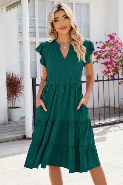 Ruched Notched Cap Sleeve Dress with Pockets and Stretch