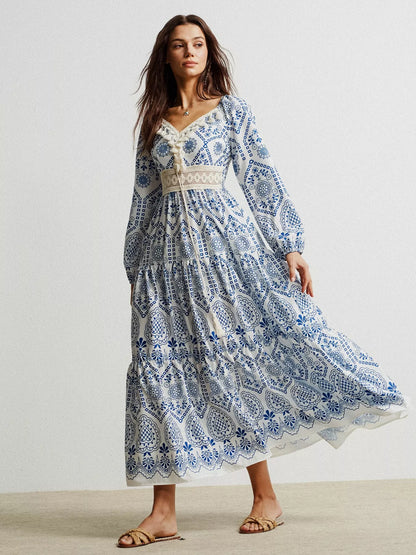 Bohemian Print Midi Dress with Tassel Detail