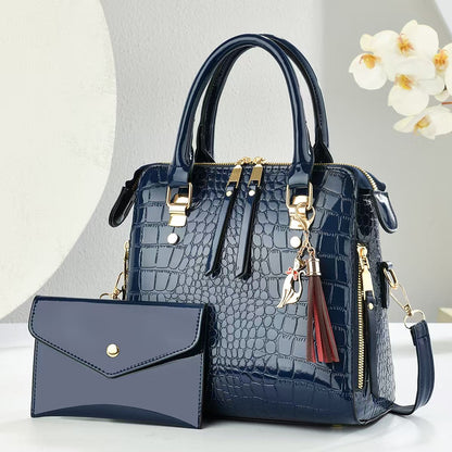 Womens Fashion Crocodile-Print Set Of Two Handbag And Crossbody Bag