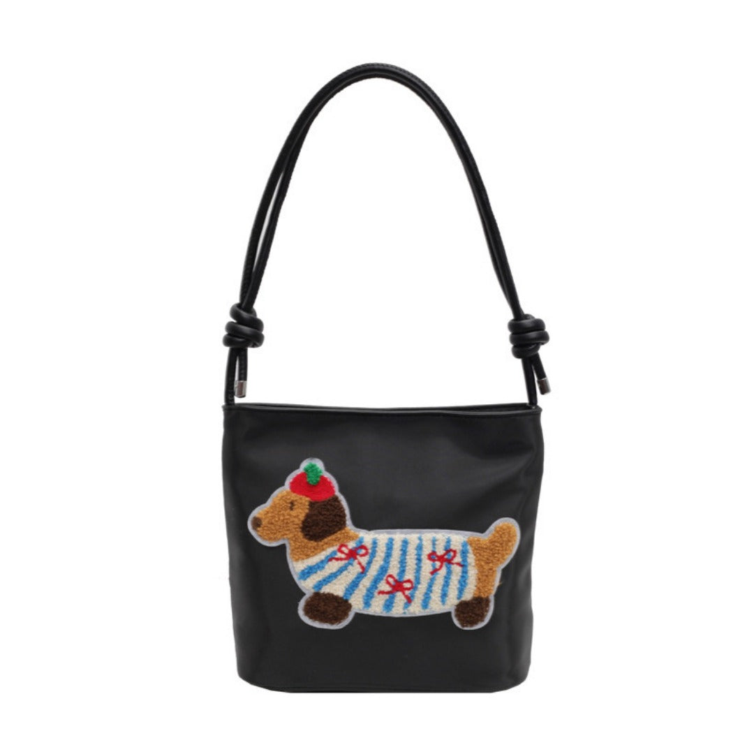Adorable Cute Puppy Pattern Canvas Bag - Fashionable Bucket Style Shoulder Bag for Students &amp; Women Hobo