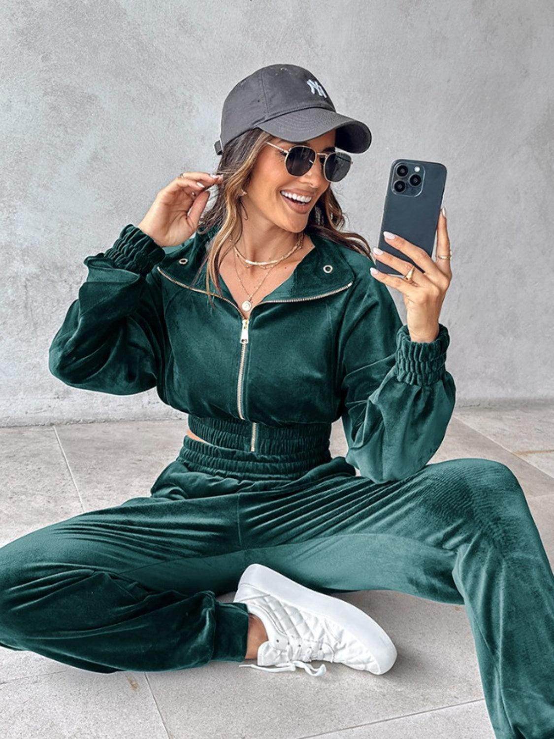 Zip Up Long Sleeve Cropped Top and Joggers Set for Women