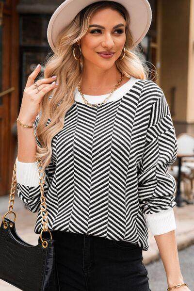Striped Round Neck Long Sleeve Sweater for Women Fashion