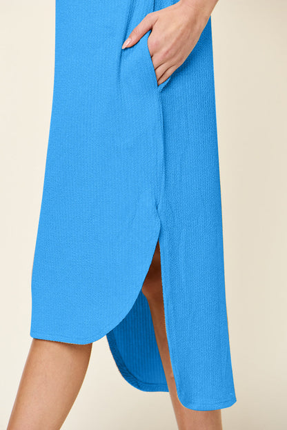 Double Take Full Size Round Neck Short Sleeve Slit Dress Stylish &amp; Comfortable Casual Dress