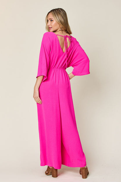 Tie-Waist Jumpsuit with Wide Legs and Short Sleeves