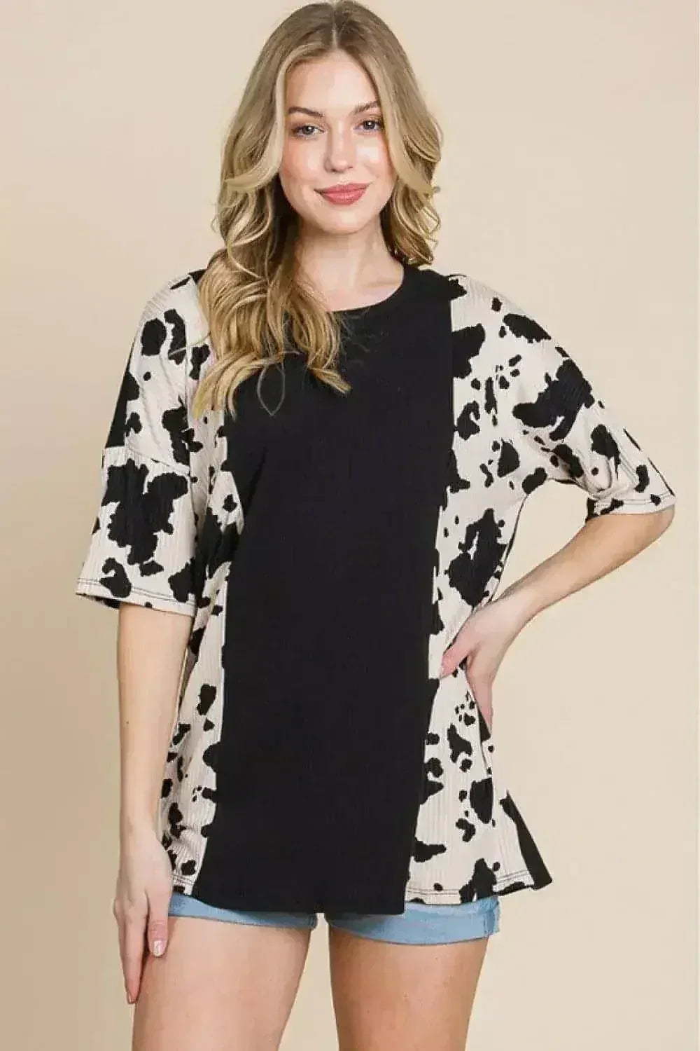 Animal Contrast Ribbed Tee - Edgy Women&