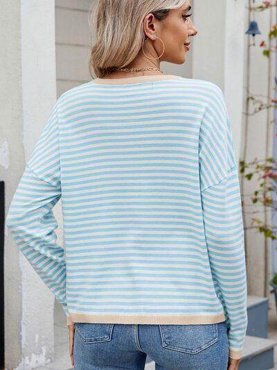 Striped Contrast Round Neck Long Sleeve Sweater for Women