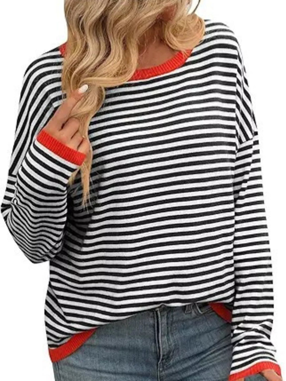 Plus Size Contrast Striped Long Sleeve Sweater