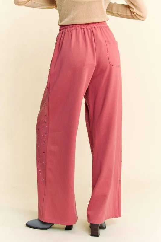 Davi &amp; Dani Rhinestone Drawstring Wide Leg Pants