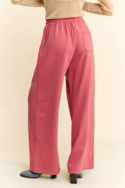 Davi &amp; Dani Rhinestone Drawstring Wide Leg Pants