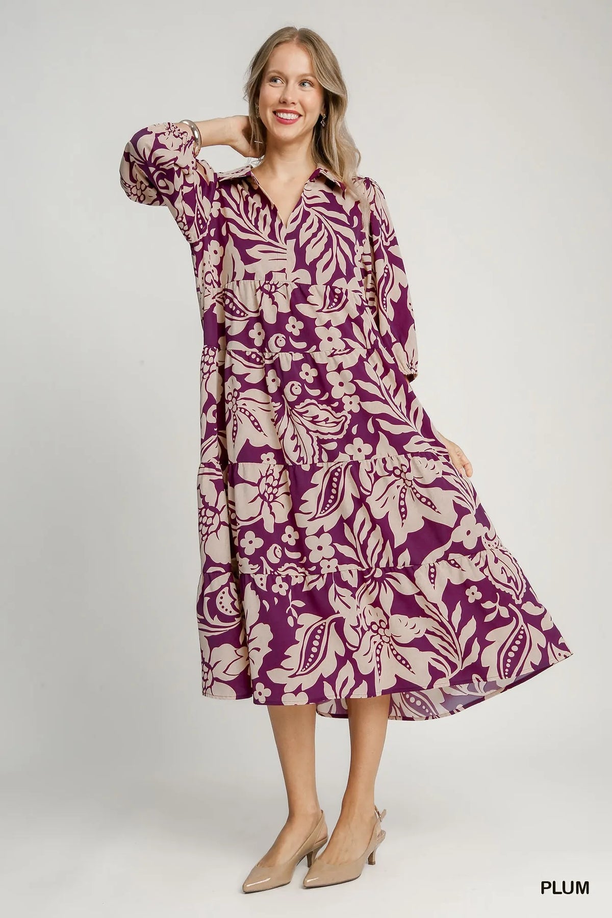 Umgee Floral Print Tiered Midi Dress