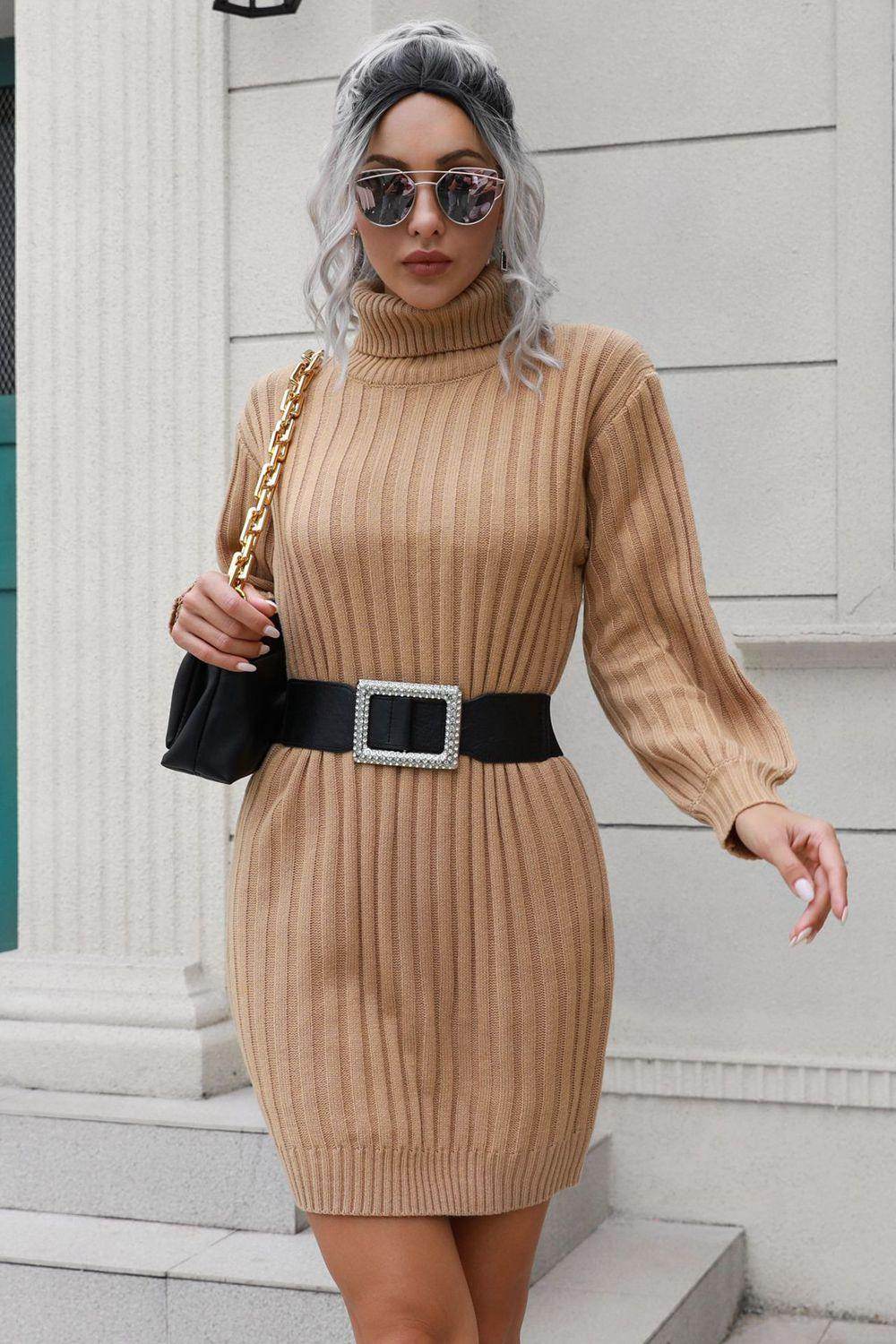 Ribbed Turtle Neck Long Sleeve Mini Sweater Dress for Women