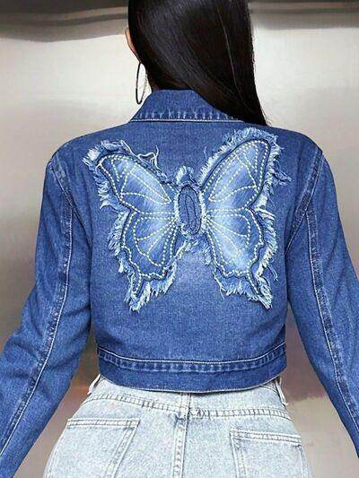 Butterfly Patch Long Sleeve Cropped Denim Top For Women