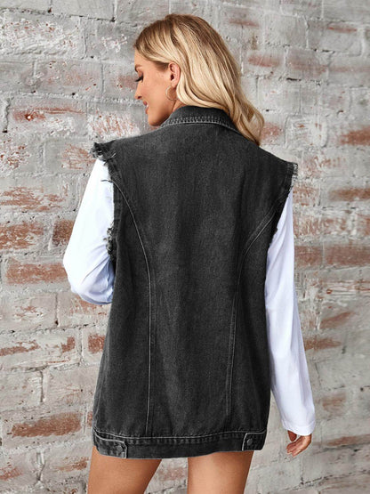 Raw Hem Sleeveless Button Up Denim Jacket for Women