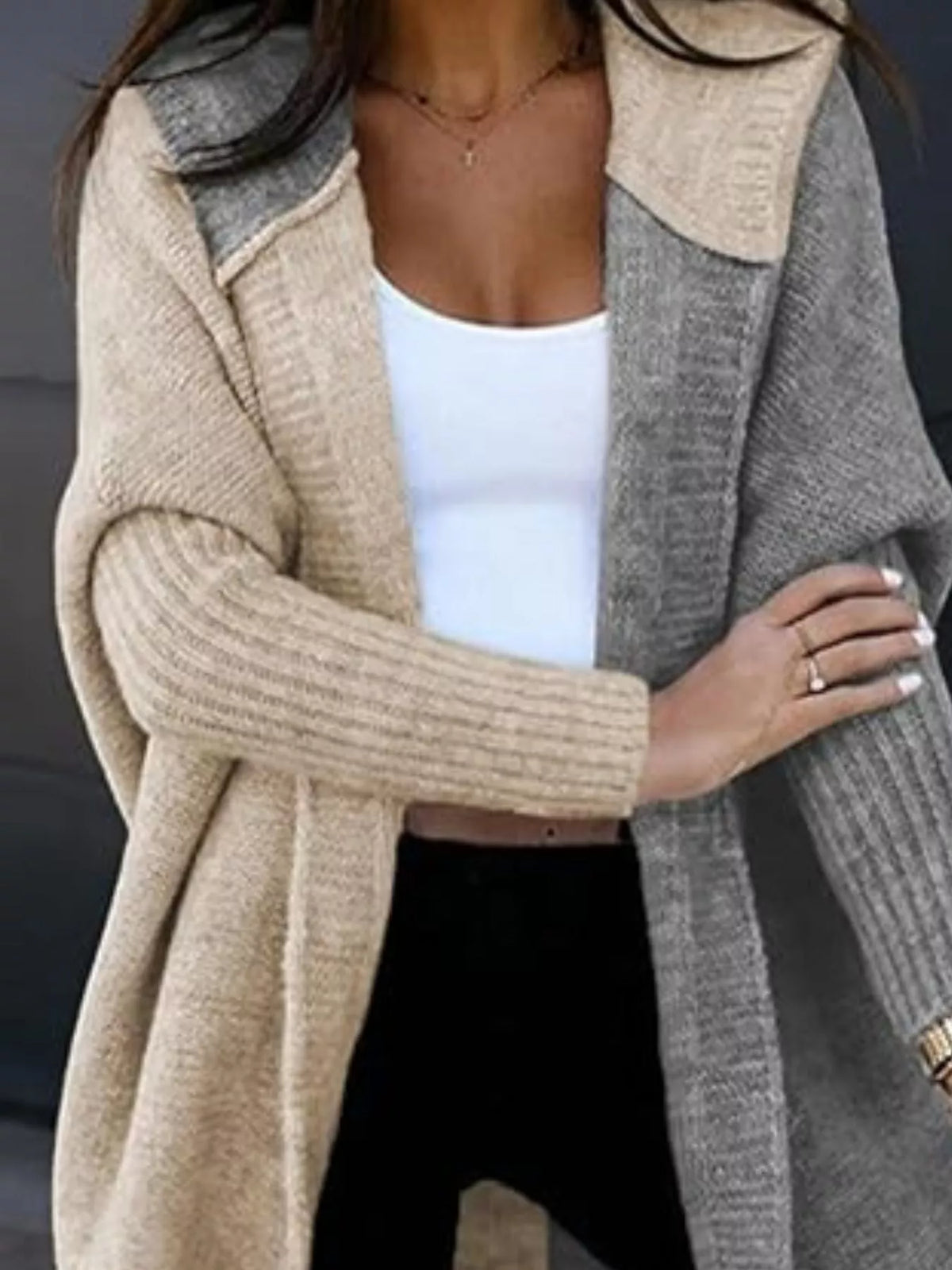 Two-Tone Open Front Knit Hooded Cardigan