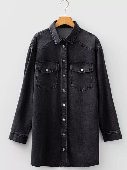 Chest Pocket Raw Hem Denim Loose Shirt Dress