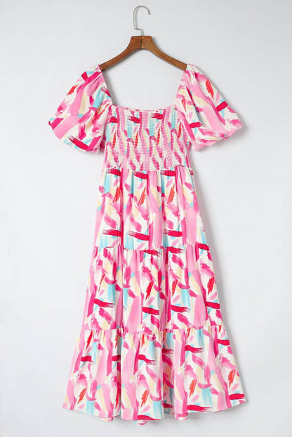 Chic Printed Square Neck Tied Smocked Dress for Women