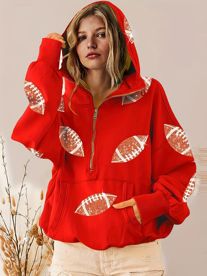 Women Half Zip Hoodie, Glitter Football Print Oversized Hooded Sweatshirt With Kangaroo Pocket