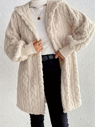 Beige Long Winter Open Front Long Sleeve Fuzzy Hooded Jacket Cozy &amp; Stylish Outerwear