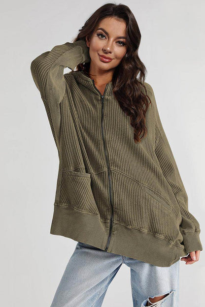 Zip-Up Long Sleeve Jacket with Hood and Pockets for Comfort