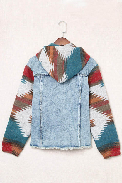 Drawstring Hooded Pocketed Denim Jacket for Women
