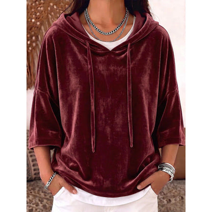 Solid-color Drawstring Three-quarter-sleeve Velvet Hoodie