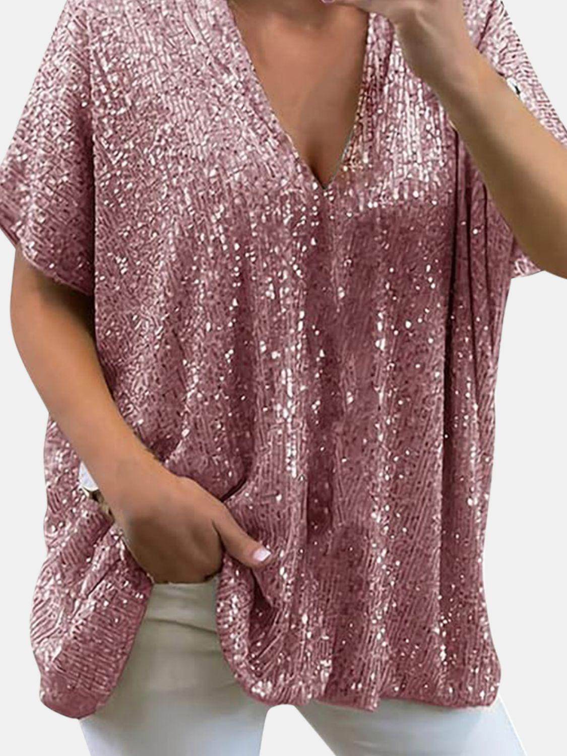 Full Size Sequin V-Neck Short Sleeve Top for Women