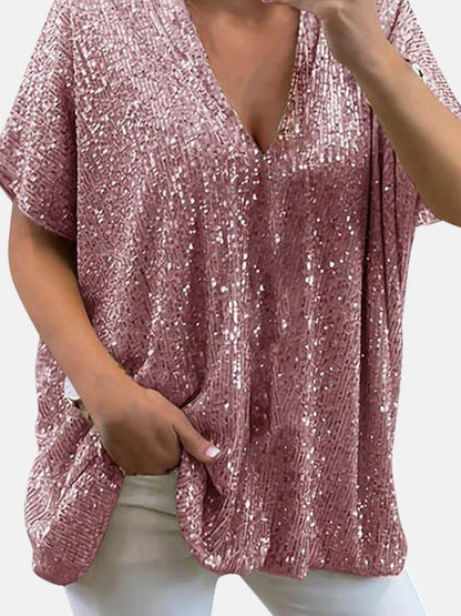 Full Size Sequin V-Neck Short Sleeve Top for Women
