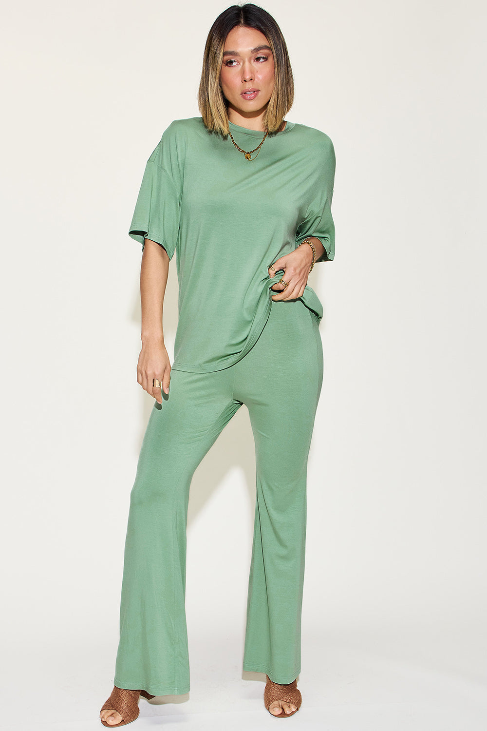 Comfy Bamboo Drop Shoulder Tee &amp; Flare Pants Set