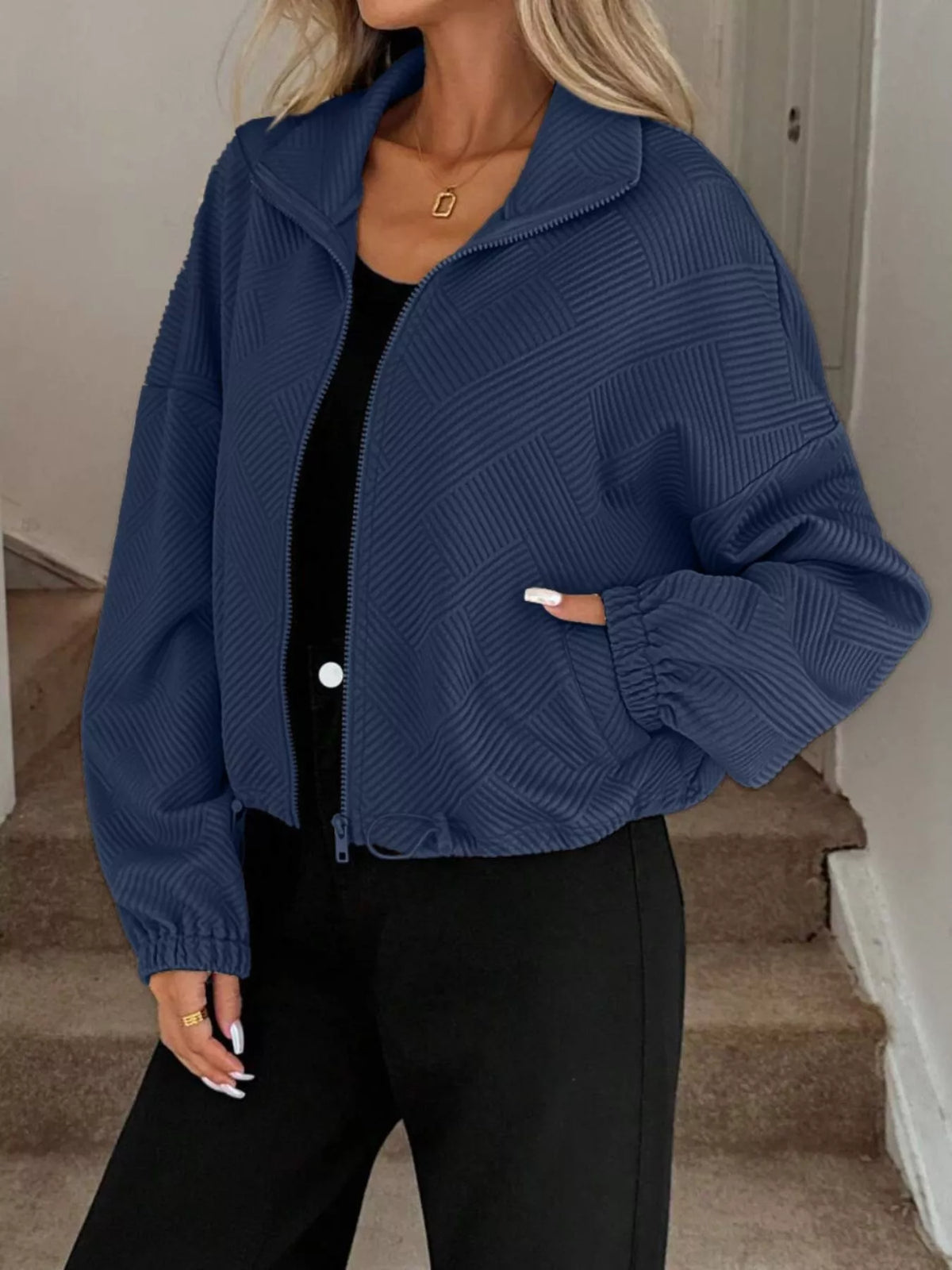 Textured Zip-Up Drawstring Hem Jacket