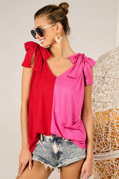 BiBi Shoulder Ribbon Tied Contrast Tank for Stylish Look