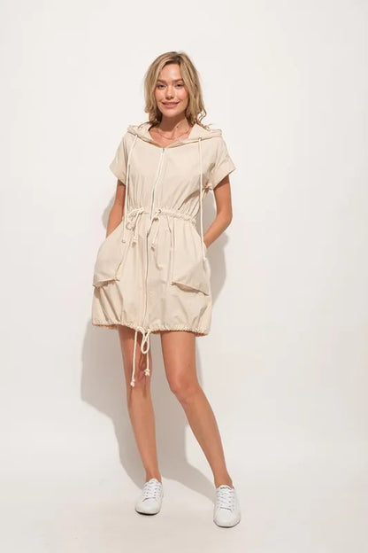 And The Why Short Sleeve String Details Hooded Mini Dress