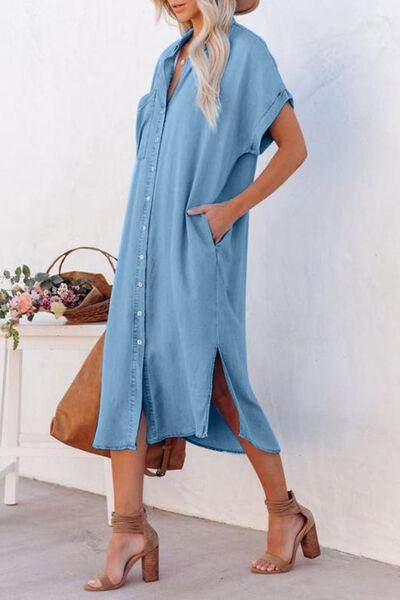Slit Button Up Short Sleeve Imitation Denim Dress for Women