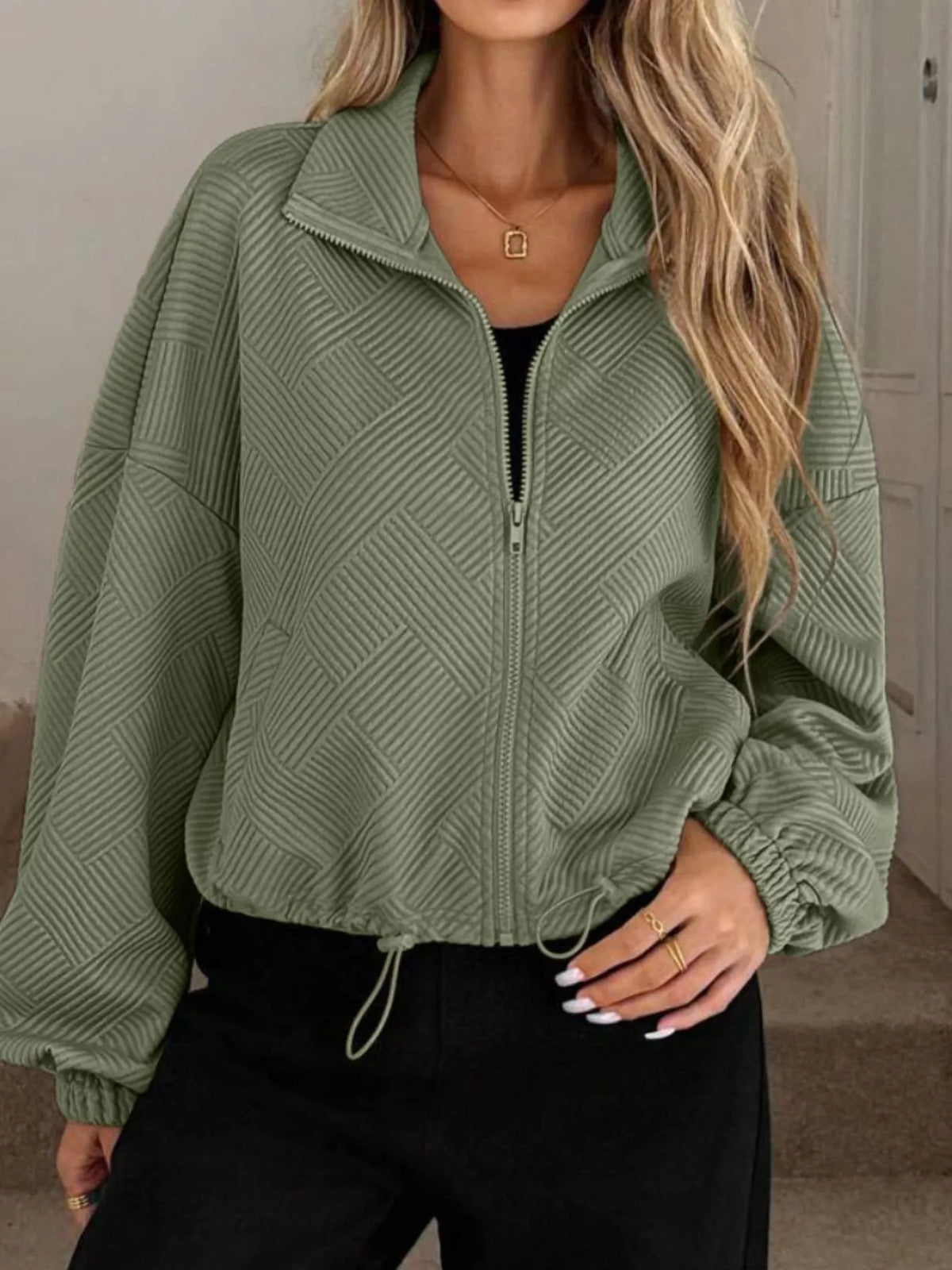 Textured Zip-Up Drawstring Hem Jacket