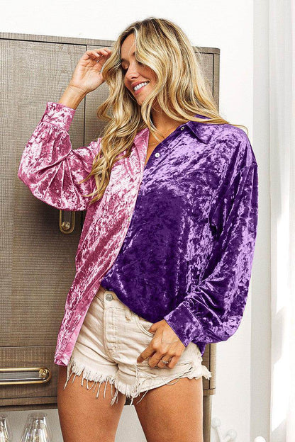 BiBi Contrast Button Up Long Sleeve Shirt for Women