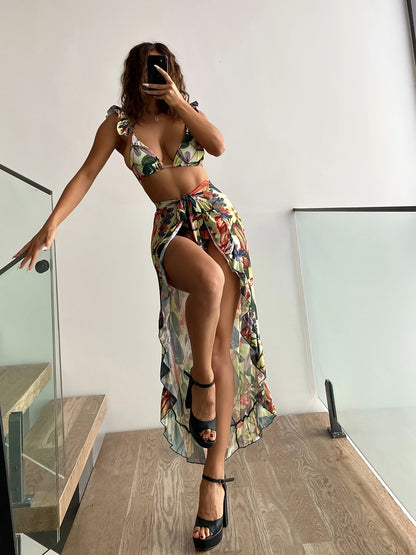 Bloom Breeze 3-Piece Bikini Set – Elegant High Cut Floral Fluttering Swimsuit with Lettuce Trim Tie Back Bandeau and Coordinating Cover Up Skirt – Women&