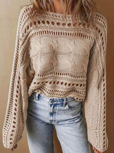 Hollow Out Cable-Knit Boat Neck Sweater for Women